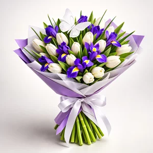 Леди Босс - букет из белых тюльпанов и ирисов